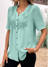 Avocado Green tops,Plain Color tops,ROTITA Button Avocado Green Split Neck Short Sleeve Blouse