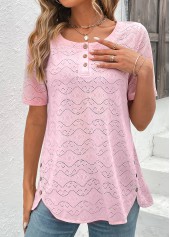 Light Pink tops,Plain Color tops,ROTITA Button Light Pink Round Neck Short Sleeve Blouse