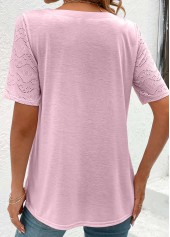 Light Pink tops,Plain Color tops,ROTITA Button Light Pink Round Neck Short Sleeve Blouse