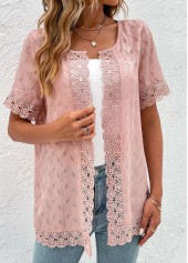 Pink tops,Plain Color tops,ROTITA Lace Pink Round Neck Short Sleeve Topper