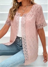 Pink tops,Plain Color tops,ROTITA Lace Pink Round Neck Short Sleeve Topper