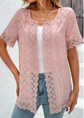 Pink tops,Plain Color tops,ROTITA Lace Pink Round Neck Short Sleeve Topper
