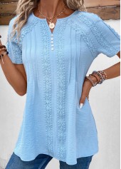Light Blue tops,Plain Color tops,ROTITA Patchwork Light Blue Split Neck Short Sleeve Blouse