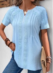 Light Blue tops,Plain Color tops,ROTITA Patchwork Light Blue Split Neck Short Sleeve Blouse