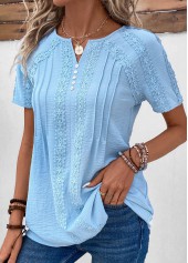 Light Blue tops,Plain Color tops,ROTITA Patchwork Light Blue Split Neck Short Sleeve Blouse
