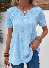 Light Blue tops,Plain Color tops,ROTITA Patchwork Light Blue Split Neck Short Sleeve Blouse