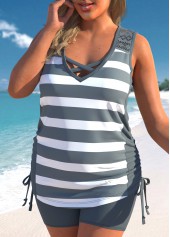 Dark Grey plus size,Striped plus size,Geometric plus size,ROTITA Dark Grey Plus Size Mid Waisted Striped Tankini Set