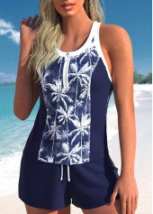 Navy swimwear,Plants swimwear,ROTITA Patchwork Navy Tropical Plants Print Tankini Set