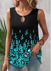 Black tops,Plants tops,ROTITA Cut Out Leaf Print Black Tank Top