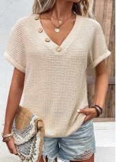 ROTITA Button Beige V Neck Short Sleeve T Shirt
