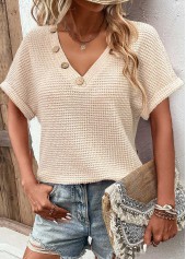 Beige tops,Plain Color tops,ROTITA Button Beige V Neck Short Sleeve T Shirt