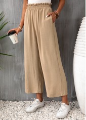 Light Camel bottoms,Plain Color bottoms,Pocket Light Camel Elastic Waist High Waisted Pants