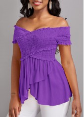 Neon Violet tops,Plain Color tops,ROTITA Smocked Neon Violet Off Shoulder T Shirt