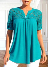 ROTITA Patchwork Turquoise Split Neck Short Sleeve Blouse