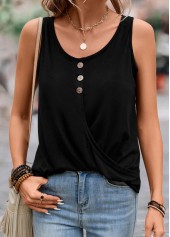 Black tops,Plain Color tops,Button Lightweight Black Scoop Neck Tank Top