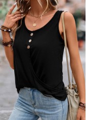 Black tops,Plain Color tops,Button Lightweight Black Scoop Neck Tank Top