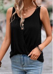 Black tops,Plain Color tops,Button Lightweight Black Scoop Neck Tank Top