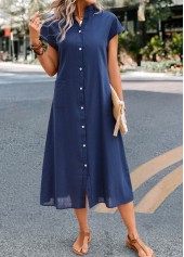 Navy dresses,Plain Color dresses,Everyday dresses,Casual dresses,Pocket Navy Stand Collar Shift Dress
