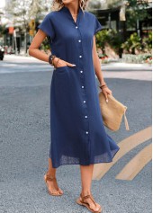 Navy dresses,Plain Color dresses,Everyday dresses,Casual dresses,Pocket Navy Stand Collar Shift Dress