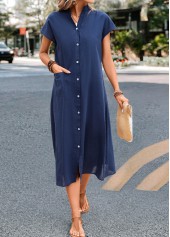 Navy dresses,Plain Color dresses,Everyday dresses,Casual dresses,Pocket Navy Stand Collar Shift Dress