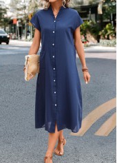 Navy dresses,Plain Color dresses,Everyday dresses,Casual dresses,Pocket Navy Stand Collar Shift Dress