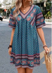Turquoise dresses,Paisley dresses,Vacation dresses,Vacation dresses,ROTITA Ruched Paisley Print Turquoise A Line Dress
