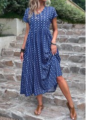 Dark Blue dresses,Geometric dresses,Dot dresses,Everyday dresses,Casual dresses,ROTITA Pocket Geometric Print Dark Blue A Line Dress