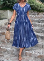 Dark Blue dresses,Geometric dresses,Dot dresses,Everyday dresses,Casual dresses,ROTITA Pocket Geometric Print Dark Blue A Line Dress