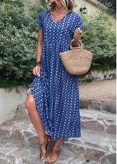 Dark Blue dresses,Geometric dresses,Dot dresses,Everyday dresses,Casual dresses,ROTITA Pocket Geometric Print Dark Blue A Line Dress