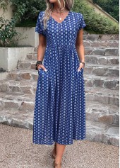 Dark Blue dresses,Geometric dresses,Dot dresses,Everyday dresses,Casual dresses,ROTITA Pocket Geometric Print Dark Blue A Line Dress