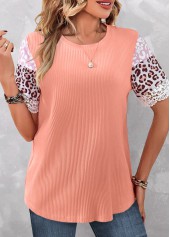 ROTITA Patchwork Leopard Pink Round Neck T Shirt