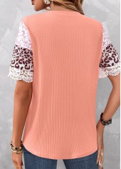 Pink tops,Leopard tops,ROTITA Patchwork Leopard Pink Round Neck T Shirt