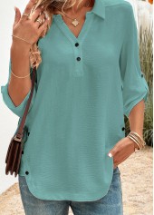 Peacock Blue tops,Plain Color tops,ROTITA Button Peacock Blue Shirt Collar 3/4 Sleeve Blouse