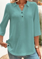 Peacock Blue tops,Plain Color tops,ROTITA Button Peacock Blue Shirt Collar 3/4 Sleeve Blouse