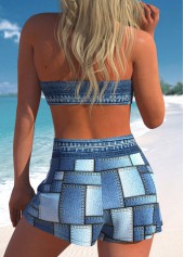 Denim Blue swimwear,Geometric swimwear,Plaid swimwear,Striped swimwear,ROTITA Tie Denim Blue High Waisted Bikini Set