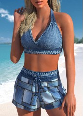 Denim Blue swimwear,Geometric swimwear,Plaid swimwear,Striped swimwear,ROTITA Tie Denim Blue High Waisted Bikini Set