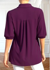 Dark Reddish Purple tops,Plain Color tops,ROTITA Patchwork Dark Reddish Purple Shirt Collar Blouse