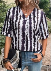 Multi Color tops,Striped tops,Geometric tops,Patchwork Striped Multi Color V Neck Blouse