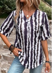 Patchwork-gestreifte mehrfarbige Bluse mit V-Ausschnitt