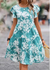 Blue dresses,White dresses,Floral dresses,Everyday dresses,Casual dresses,ROTITA Ruffle Floral Print Blue Round Neck Dress