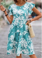 Blue dresses,White dresses,Floral dresses,Everyday dresses,Casual dresses,ROTITA Ruffle Floral Print Blue Round Neck Dress