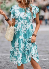 Blue dresses,White dresses,Floral dresses,Everyday dresses,Casual dresses,ROTITA Ruffle Floral Print Blue Round Neck Dress
