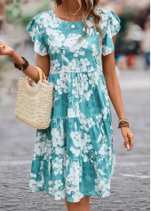 Blue dresses,White dresses,Floral dresses,Everyday dresses,Casual dresses,ROTITA Ruffle Floral Print Blue Round Neck Dress