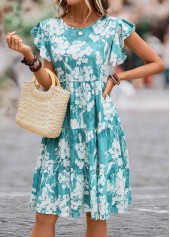 Blue dresses,White dresses,Floral dresses,Everyday dresses,Casual dresses,ROTITA Ruffle Floral Print Blue Round Neck Dress