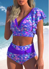 Purple swimwear,Ditsy Floral swimwear,Plants swimwear,ROTITA Patchwork Purple Ditsy Floral Print Bikini Set