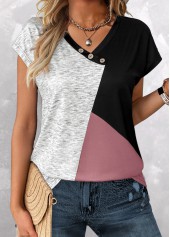 Pink tops,Light Grey Marl tops,Contrast Color tops,ROTITA Patchwork Pink V Neck Short Sleeve T Shirt