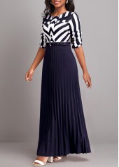 Navy dresses,White dresses,Geometric dresses,Striped dresses,ROTITA Button Geometric Print Pink Belted Maxi Dress