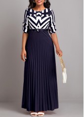 Navy dresses,White dresses,Geometric dresses,Striped dresses,ROTITA Button Geometric Print Pink Belted Maxi Dress