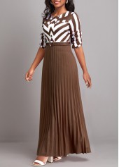 Dark Coffee dresses,White dresses,Geometric dresses,Striped dresses,ROTITA Button Geometric Print Pink Belted Maxi Dress