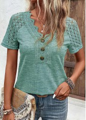 Green tops,Plain Color tops,ROTITA Lace Green V Neck Short Sleeve T Shirt